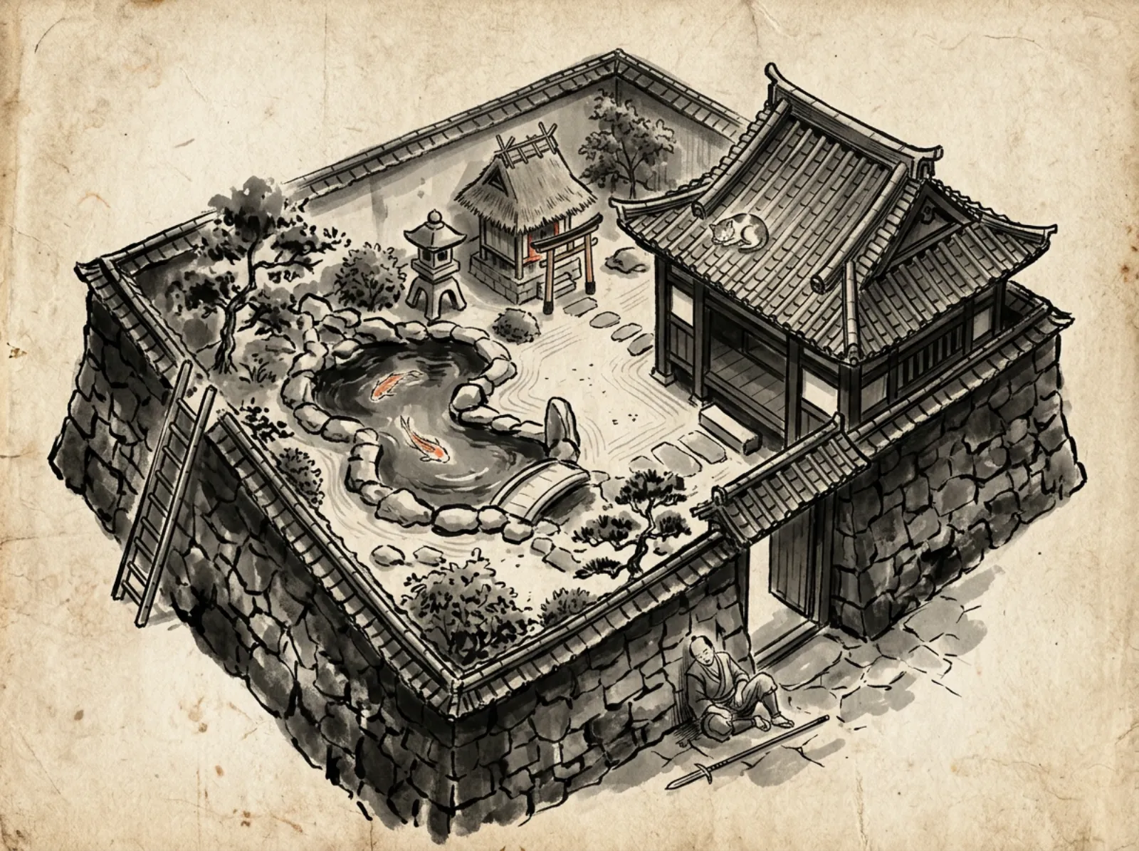 Ink painting of a castle courtyard seen from above: a koi pond with two orange koi, a stone lantern, a small shrine, a hall with a cat asleep on its roof, a ladder against the outer wall and a guard asleep by the gate.