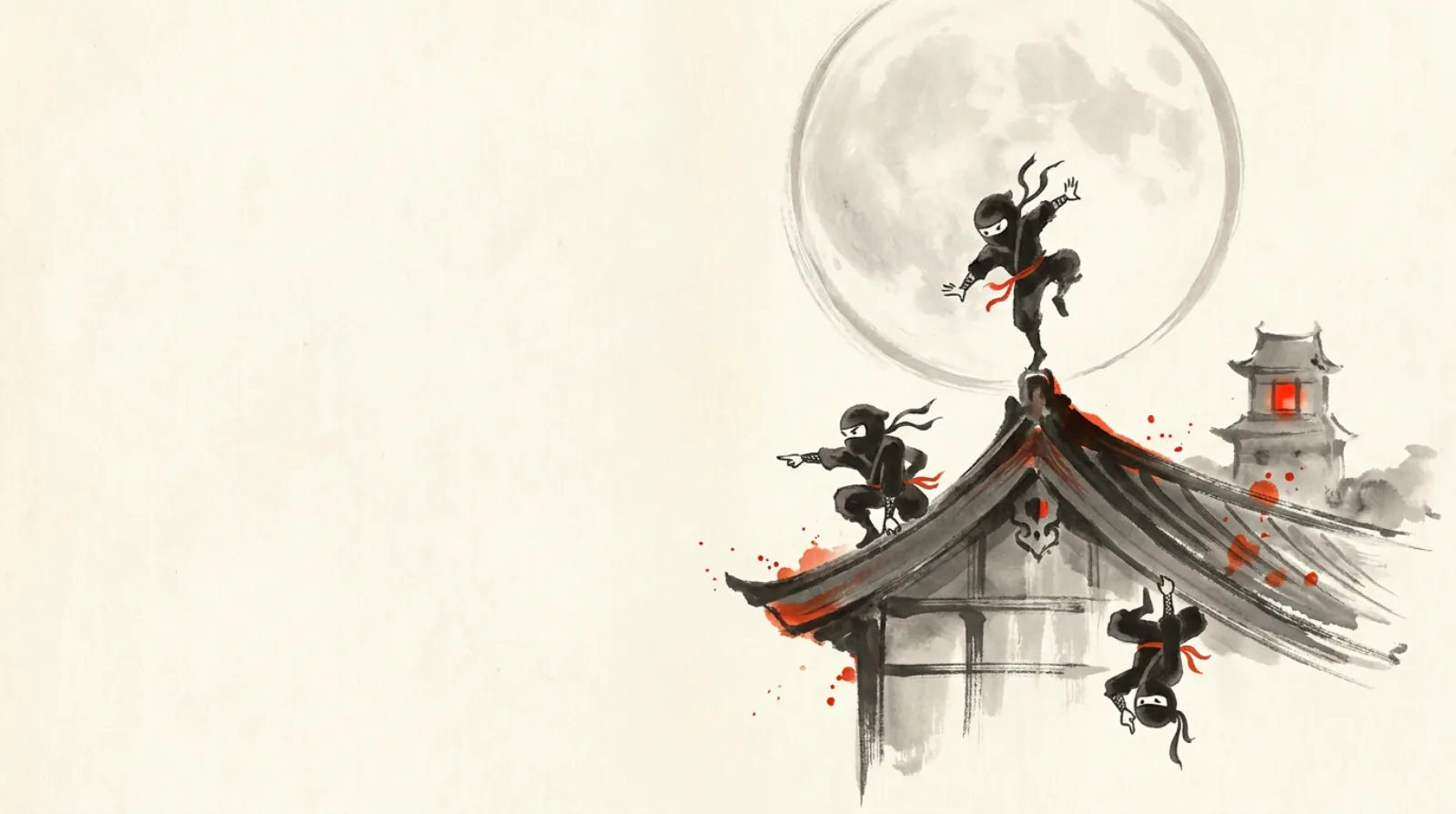 Ink-wash painting of three small ninjas on a temple roof under a full moon: one crouches and points, one balances on one foot on the ridge, one hangs upside down from the eave. A castle tower glows in the distance.